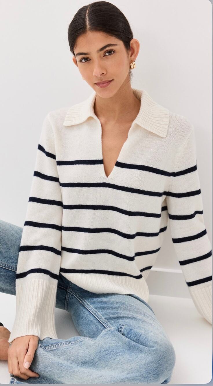 Jenni Kayne Francis 100% Cashmere Striped Polo Sweater XS Ivory Navy Collared